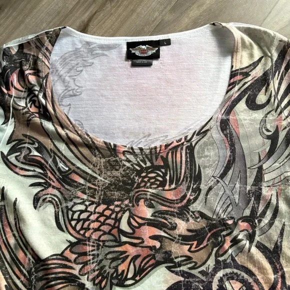 Harley-Davidson Women's L‎ Graphic Tee Dragon Wings All Over Print T-Shirt USA - Picture 3 of 11